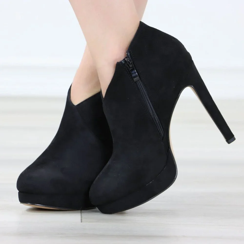 Black High Heel Platform Ankle Boots Stilettos Faux Suede - Picture 8 of 15